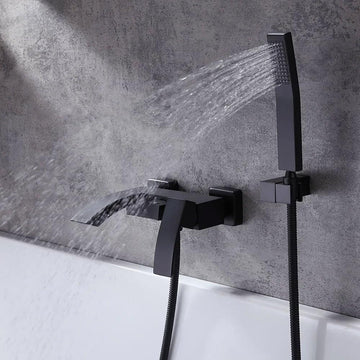 Ridge Wall Mount Waterfall Bathtub Faucet Matte Black with Hand Shower Solid Brass